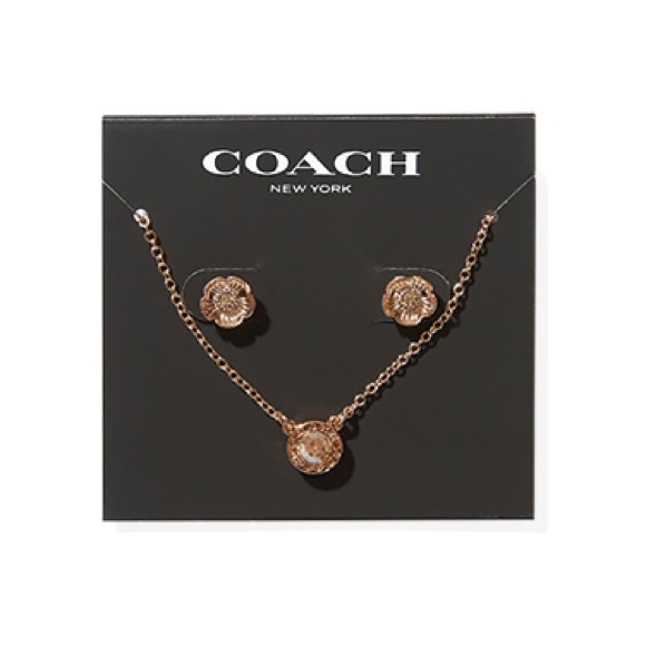 COACH Rose Gold Open Circle Necklace & Tea Rose Earring Set - Picture 1 of 10